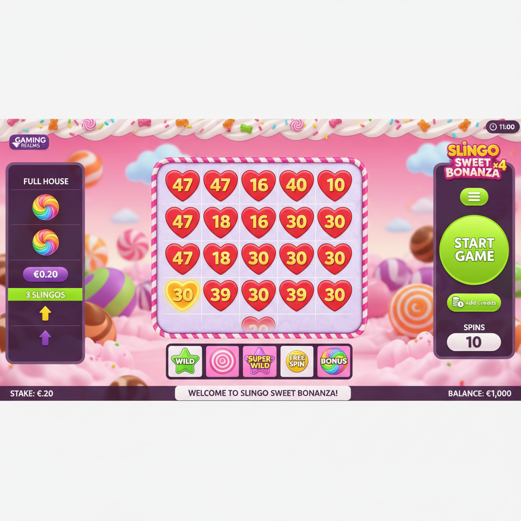 Slingo Sweet Bonanza griglia 5x5 con caramelle colorate, simboli wild e bonus su sfondo rosa cotton candy