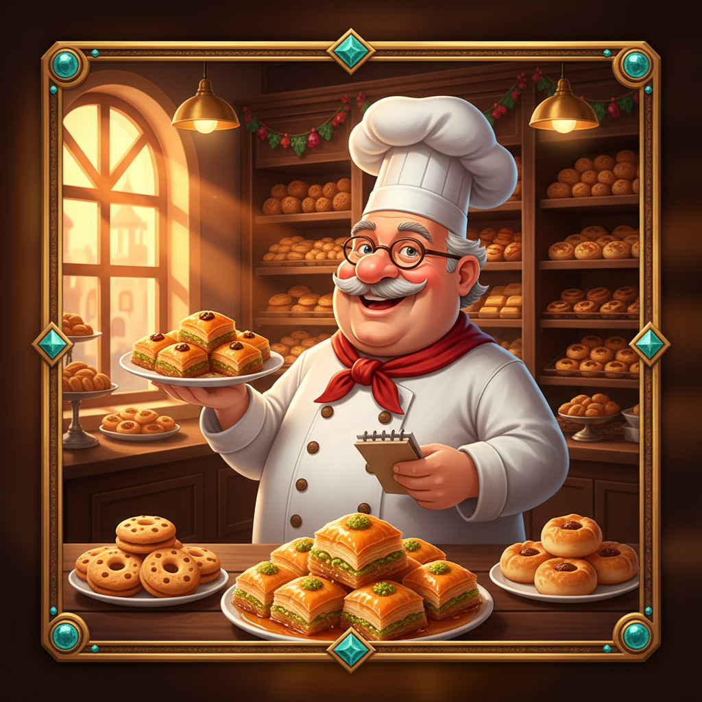 Sweet Baklava slot machine con chef pasticciere turco, dolci baklava dorati su vassoi bianchi, panetteria mediorientale calda con finestre ad arco e lampade dorate