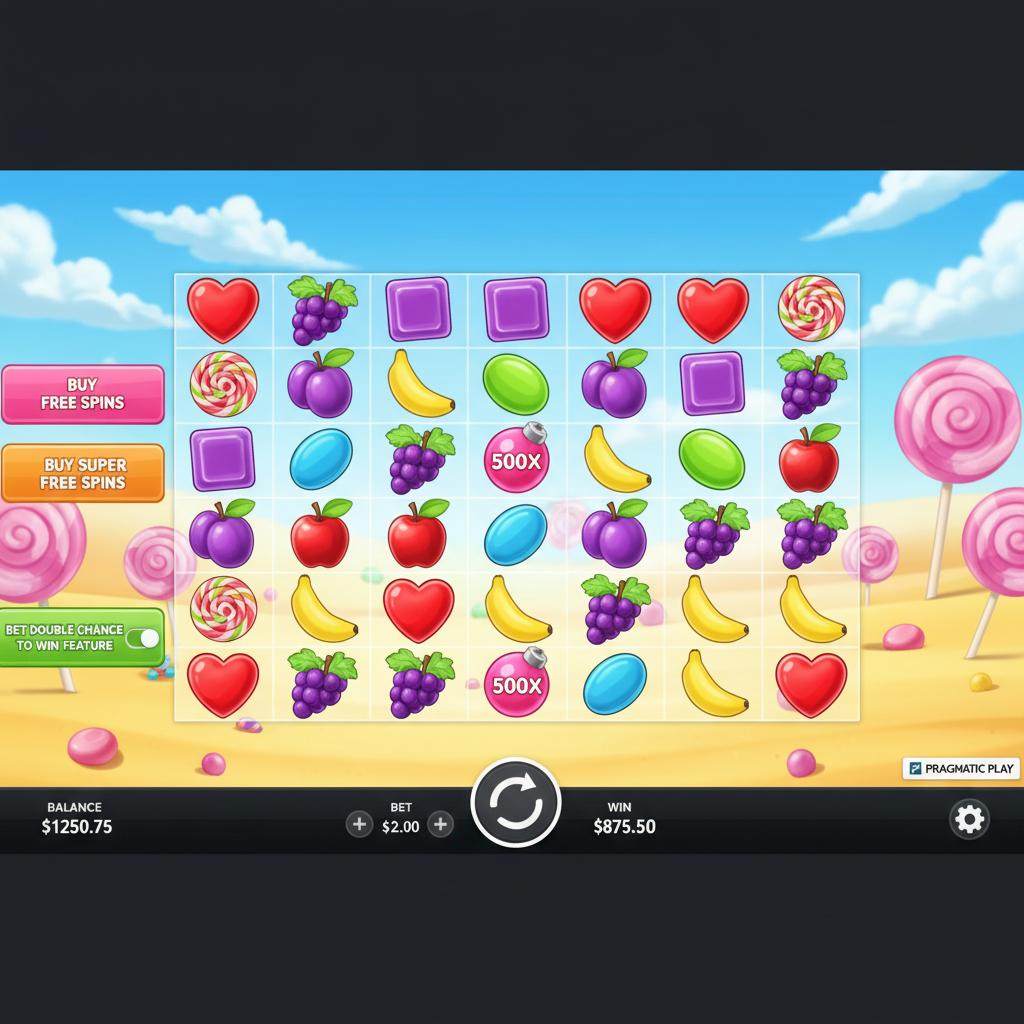 Sweet Bonanza 1000 slot con caramelle colorate, lollipop rosa e viola, cuori rossi, frutta e sfondo desertico con cielo azzurro