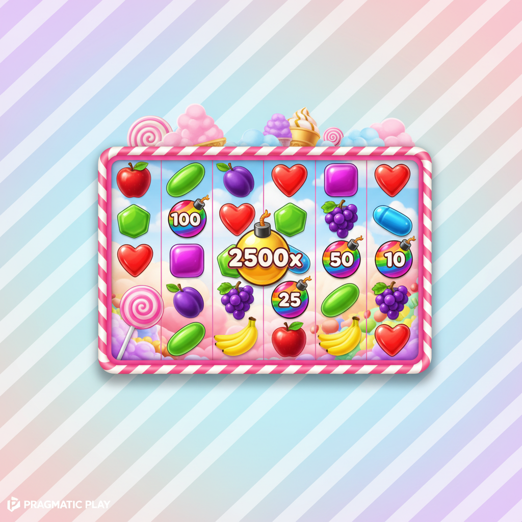 Sweet Bonanza 2500 slot con griglia 6x5, caramelle colorate, simboli moltiplicatore bomba 10X 25X 50X 100X 2500X, lecca-lecca scatter e dolciumi a forma di cuore