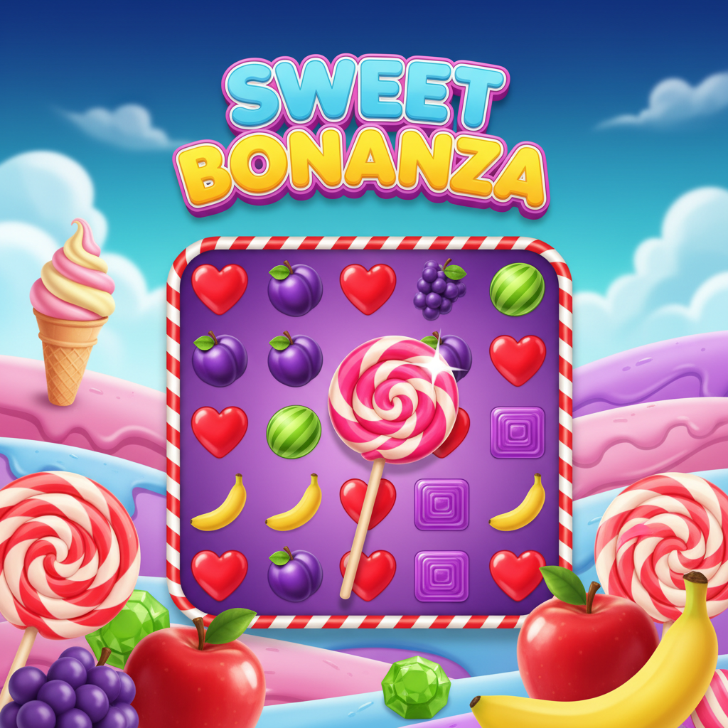 Sweet Bonanza slot con caramelle colorate, lecca-lecca a spirale, frutti e simboli moltiplicatori su sfondo candy fantasy land
