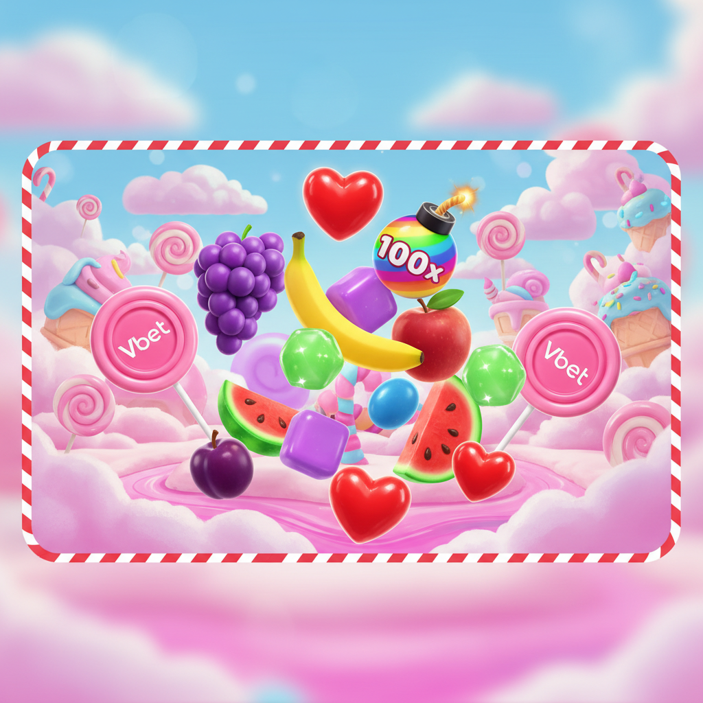Sweet Bonanza slot con caramelle colorate, cuori rossi, lecca-lecca Vbet, frutta come banane, uva e mele su sfondo fantasy rosa e blu con nuvole di zucchero filato