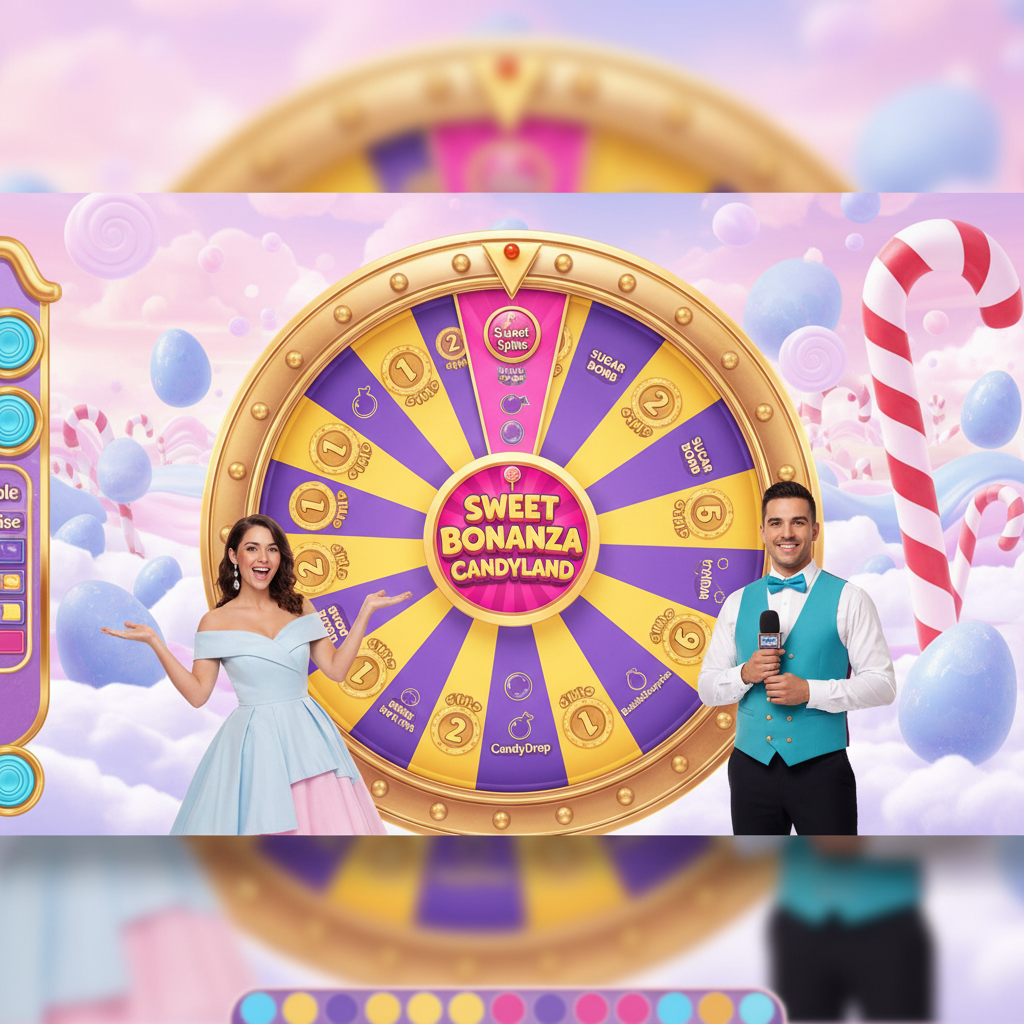 Sweet Bonanza CandyLand ruota gigante con presentatori dal vivo in studio candy con lollipop, caramelle e colonne dorate