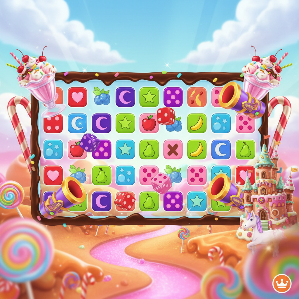 Sweet Bonanza Dice slot Pragmatic Play con griglia 6x5, simboli a dadi colorati, cannoni scatter viola e oro, paesaggio di caramelle e dolciumi