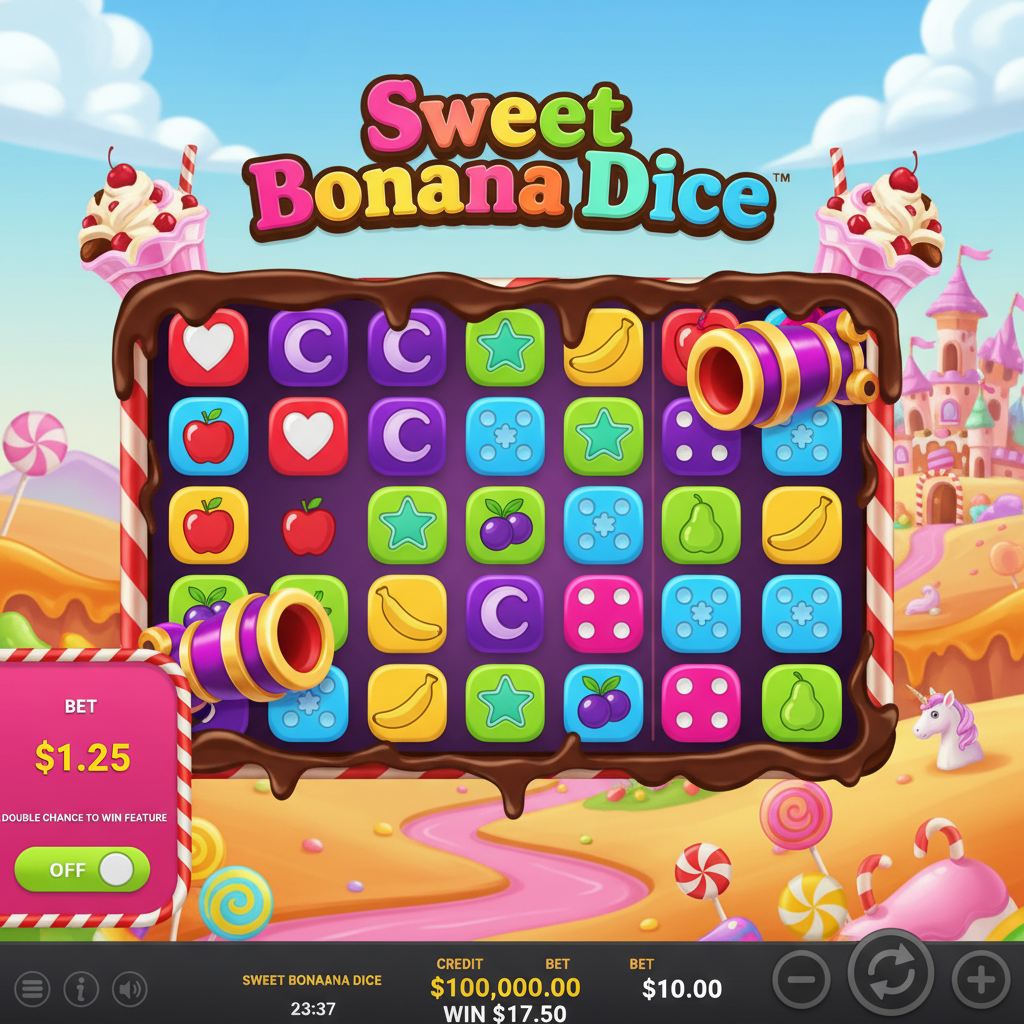 Sweet Bonanza Dice slot con griglia 6x5 di dadi colorati a tema caramelle, simboli di frutta e cuori su sfondo fantasy con castello di marzapane e lecca-lecca