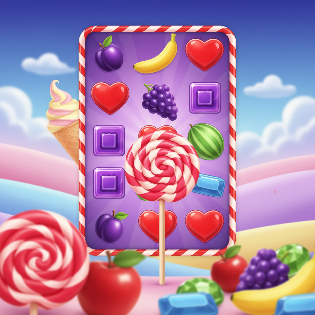 Sweet Bonanza slot machine con griglia di caramelle colorate, lecca-lecca a spirale, frutta dolce e simboli scatter su sfondo fantasy con colline di zucchero