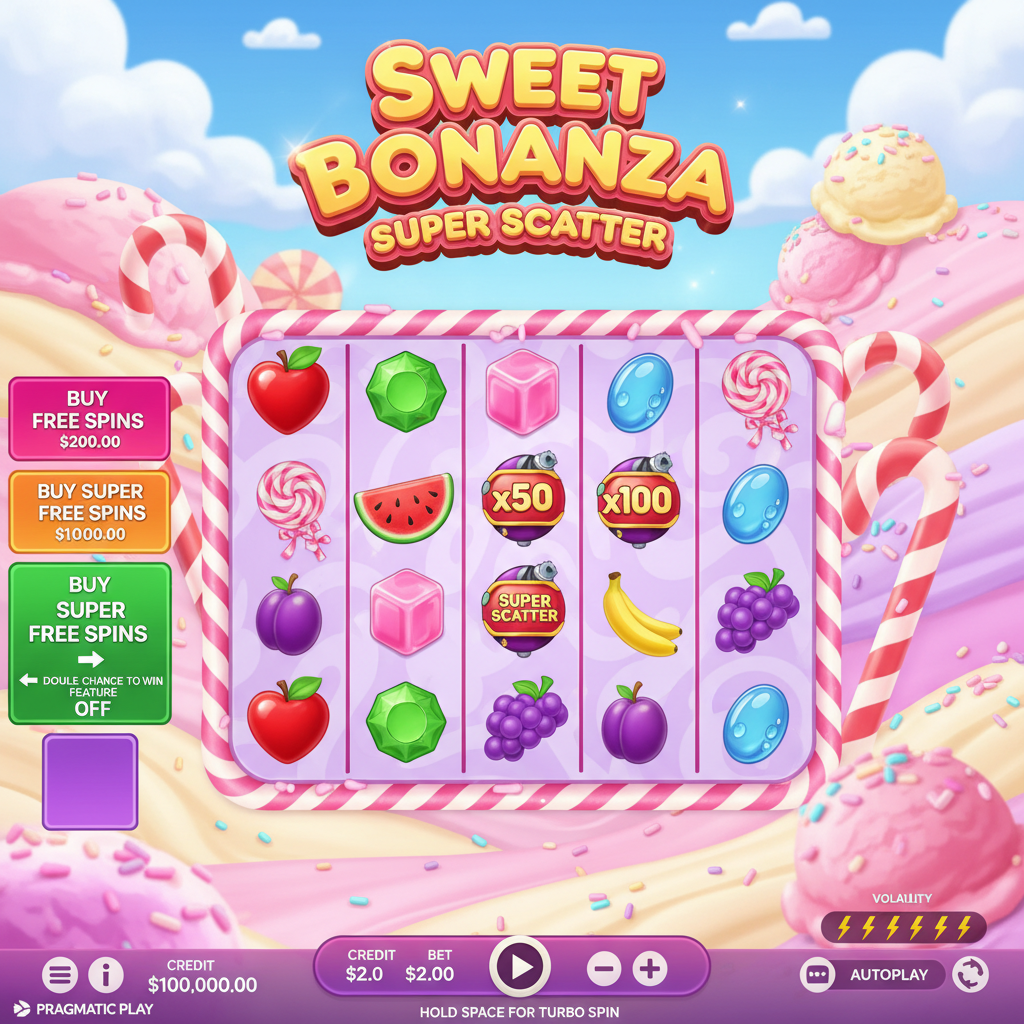 Sweet Bonanza Super Scatter slot con griglia 6x5, simboli caramelle, frutta, lollipop scatter e moltiplicatori colorati su sfondo rosa con paesaggio di dolciumi