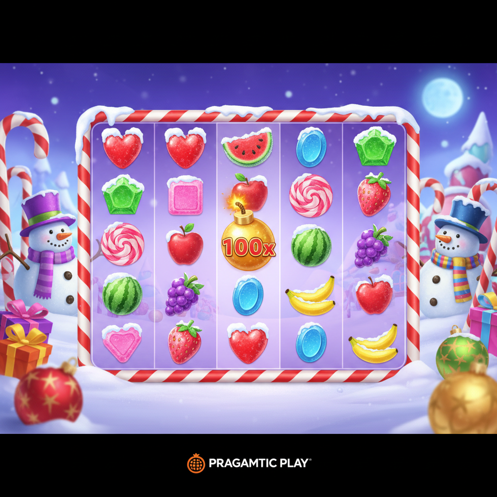 Sweet Bonanza Xmas slot game con caramelle natalizie, lollipop scatter, simboli di frutta innevati, griglia 6x5 e tema natalizio con bastoncini di zucchero rossi e bianchi