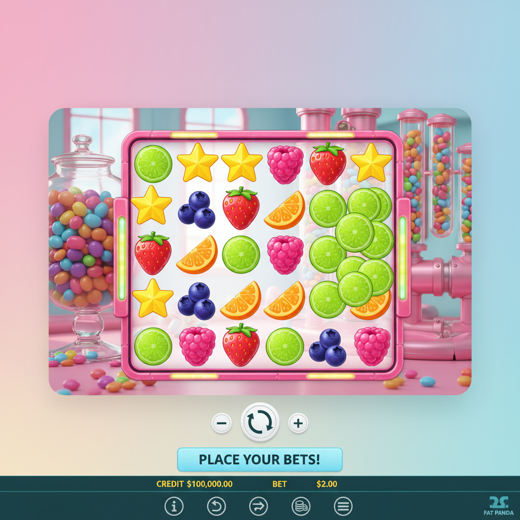 Sweet Burst slot: griglia 4x5 con simboli caramelle colorate, stella gialla, fragola rossa, lime verde e arancia in un laboratorio di dolciumi rosa e turchese