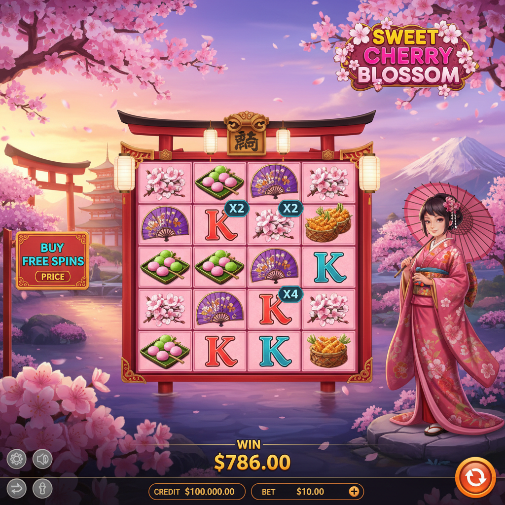 Sweet Cherry Blossom slot con giardino giapponese al crepuscolo, porta torii rossa, alberi di ciliegio in fiore rosa, geisha in kimono e griglia 7x7 con simboli fiori sakura, mochi, ventaglio e parasole