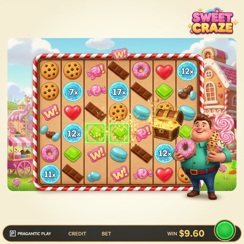 Sweet Craze slot 7x7 con caramelle colorate, ciambelle rosa, biscotti dorati e simboli Money blu, mascotte allegra con dolcetti