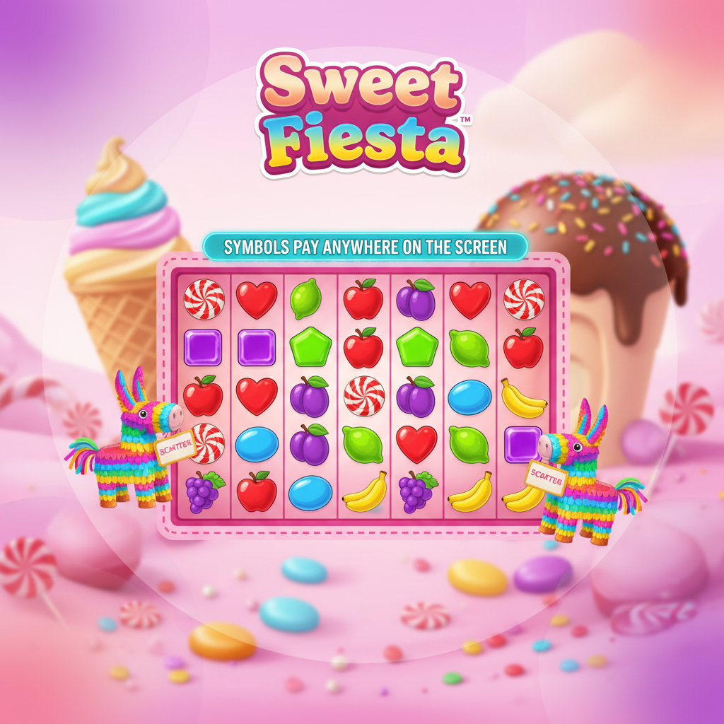 Sweet Fiesta slot con dolci colorati, caramelle a forma di cuore rosso, quadrati viola, pentagoni verdi, lecca-lecca scatter e pinata moltiplicatore su sfondo candy land
