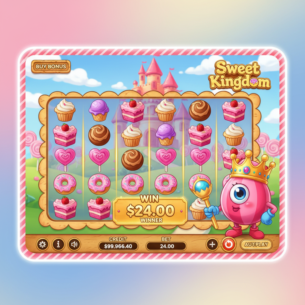 Sweet Kingdom slot 7x7 con castello di caramelle, simboli dolci colorati tra cui cupcake, gelato, ciambella rosa e lecca lecca a cuore