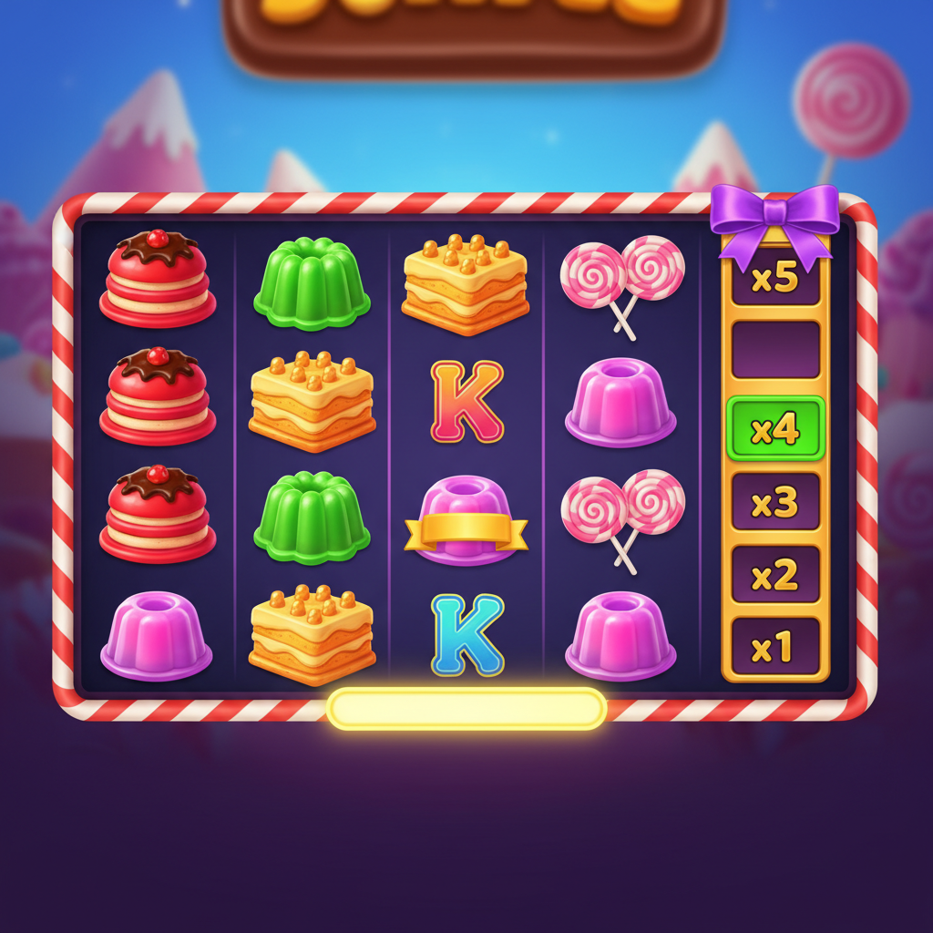 Sweet PowerNudge slot 6x5 con caramelle colorate, torte rosse e verdi, gelatine, lollipop scatter e rullo moltiplicatori dorato